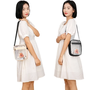 Transparent PVC crossbody jelly bag with adjustable strap in black and beige frame
