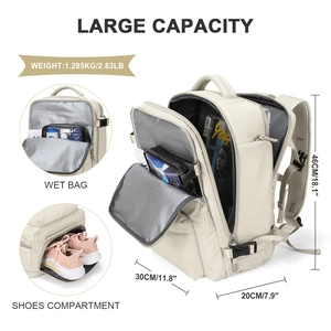 Large capacity travel backpack detail with wet bag and shoe compartment dimensions