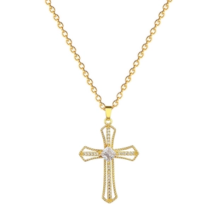Elegant gold hollow cross necklace featuring a square central diamond and crystal paving