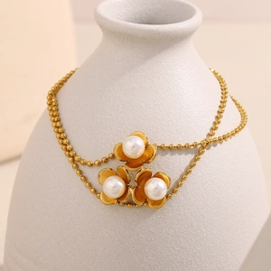 Flower Artificial Pearl Bracelet 18K Gold Plated Stainless Steel Bead Chain Adjustable Elegant French Style Jewelry For Women