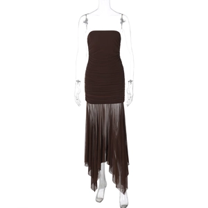 Close-up of dark brown strapless dress with ruched bodice and asymmetric mesh hem details