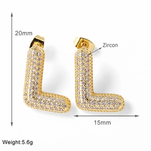Detailed view of gold plated L-shaped letter earrings with zircon pave and dimensions