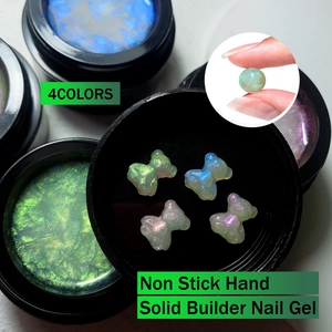 Detail showing non-stick solid builder nail gel with 4 colors and bear-shaped charms