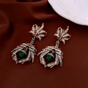 Baroque emerald leaf pendant jewelry set in vintage gold finish with rhinestones