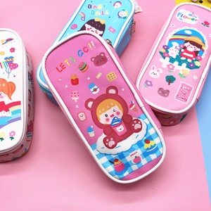 Macro shot of cute cartoon leather pencil cases featuring cute girls and dessert patterns