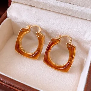 Vintage tortoiseshell resin square hoop earrings with 18k gold plating in jewelry box