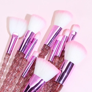 Set of 10 crystal spiral handle makeup brushes with pink bristles and glitter details