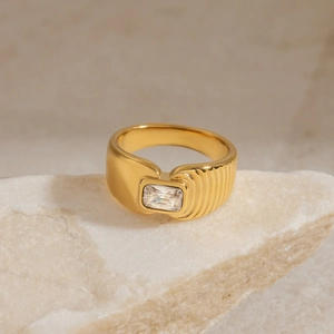 18K gold plated stainless steel ring with rectangle zircon and textured band