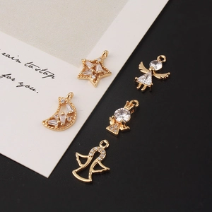 Gold-plated angel star and moon pendants with cubic zirconia for DIY jewelry making