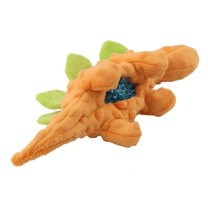 2-in-1 plush dinosaur dog toy with internal blue rubber spiky ball for teeth cleaning