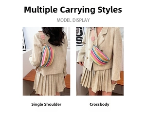 Bohemian striped straw fanny pack shown in single shoulder and crossbody wearing styles