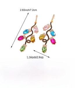 Detailed dimensions of multi-colored rhinestone Christmas tree earrings in zinc alloy