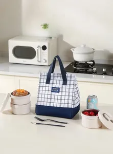 Black and white plaid thermal lunch bag with large capacity for outdoor picnic use