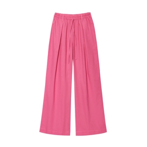 Pantalon large en lin mélangé rose avec taille élastique à cordon et détails plissés