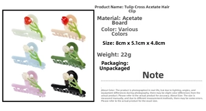 Detailed size specifications for tulip-shaped acetate hair claws in six colors