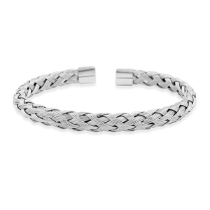 Detail of silver twisted cable texture on stainless steel open bangle with smooth end caps