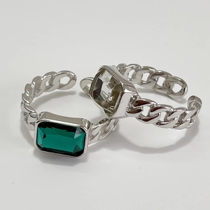S925 sterling silver adjustable chain rings with emerald cut green and clear zircon