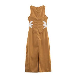 Brown sleeveless dress with white palm tree embroidery and back slit detail