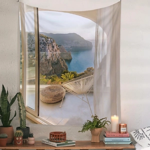 Detail of Mediterranean seaside balcony tapestry showing realistic ocean view and textures