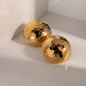 Elegant gold spherical stud earrings with hammered texture and high-gloss metallic finish