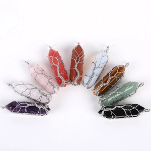 Natural hexagonal crystal pendants with tree of life wire wrapping in 9 color variants
