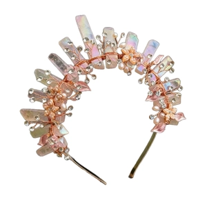Handmade rose gold crown headband with pink crystals, pearls and rhinestone flowers