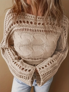 Beige gehaakte trui voor dames met lange mouwen en boho-stijl opengewerkte kabelpatronen