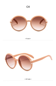 Vorder- und Seitenansicht einer runden Oversize-Sonnenbrille in Beige mit Verlauf
