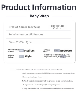 Detail guide of cotton baby swaddle wrap with 85x85cm size and washing instructions
