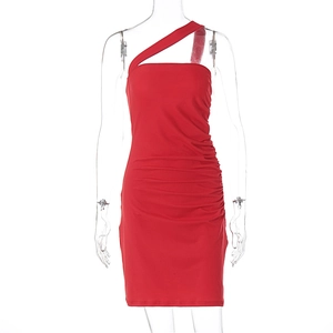 Detail of red one shoulder ruched mini dress with asymmetrical sleeve and side pleats