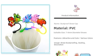 Detail view of dinosaur and unicorn PVC straw toppers for 7-8mm straws with size specs