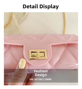 Detailed macro view of pink jelly bag with quilted texture and gold twist lock