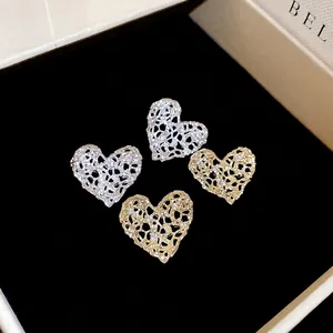 Hollow Heart Stud Earrings With Zircon Alloy Filigree Design For Women With Silver Earring Post