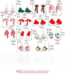 Detailed dimensions of Christmas knit earrings including Santa, tree and reindeer styles