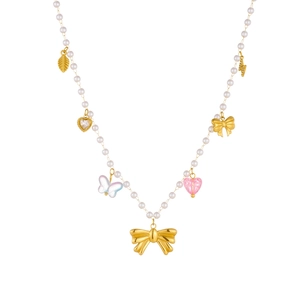 Gold beaded pearl necklace featuring pink butterfly and heart pendants on white background