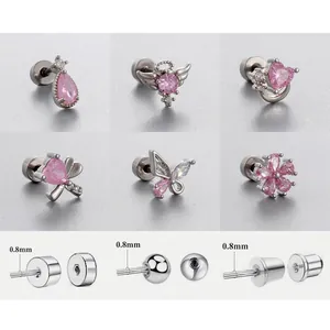 Boucles D'oreilles Cartilage Acier Inoxydable Zircon Rose Cœur Fleur Papillon Piercing Bijoux Pour Femmes