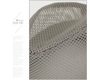 Close-up of the grey mesh weave fabric on a breathable sun hat showing detail