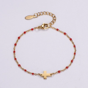 Bracciale dorato in acciaio inossidabile con perline rosse e ciondolo a croce regolabile
