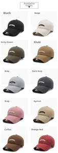 Detail view of cotton baseball caps showing narason embroidery in ten various colors
