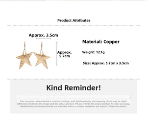 Detail of hammered gold star earrings showing precise 5.7cm dimensions and copper material