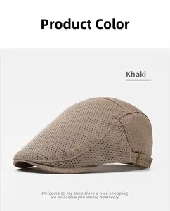 Close-up of khaki mesh newsboy cap featuring breathable fabric and side metal buckle