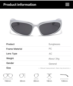 Detailed size chart and technical specifications for silver wrap-around cycling sunglasses