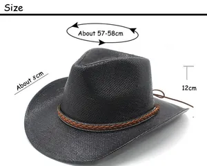 Size chart showing 57-58cm head circumference for the black woven straw sun hat