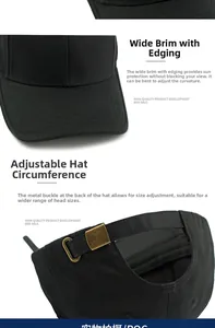 Detail of wide-brim cotton baseball cap with adjustable metal buckle and twill fabric texture