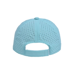 Detail of light blue quick-dry cap showing laser-cut ventilation holes and velcro strap