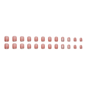 Pink gradient short square press-on nails with silver glitter French tips, 24 pieces set