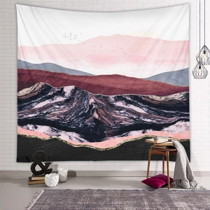 Detailed view of abstract mountain tapestry with pink marble textures on white brick wall