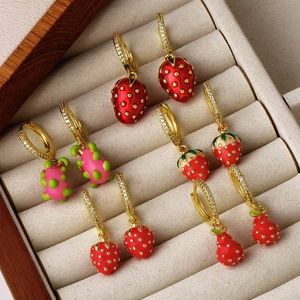 Fruit Hoop Earrings Strawberry Dragon Fruit Enamel Zircon Gold Plated Copper Cute Novelty Dangle Ear Jewelry For Women
