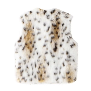 Flat lay view of a faux fur vest featuring a classic leopard print pattern in brown and black