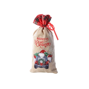Linen Christmas gift bag with red plaid trim and Merry Christmas print decoration